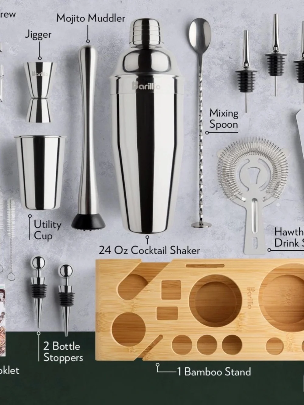 Barillio stainless steel bartending kit with bamboo stand- used once.